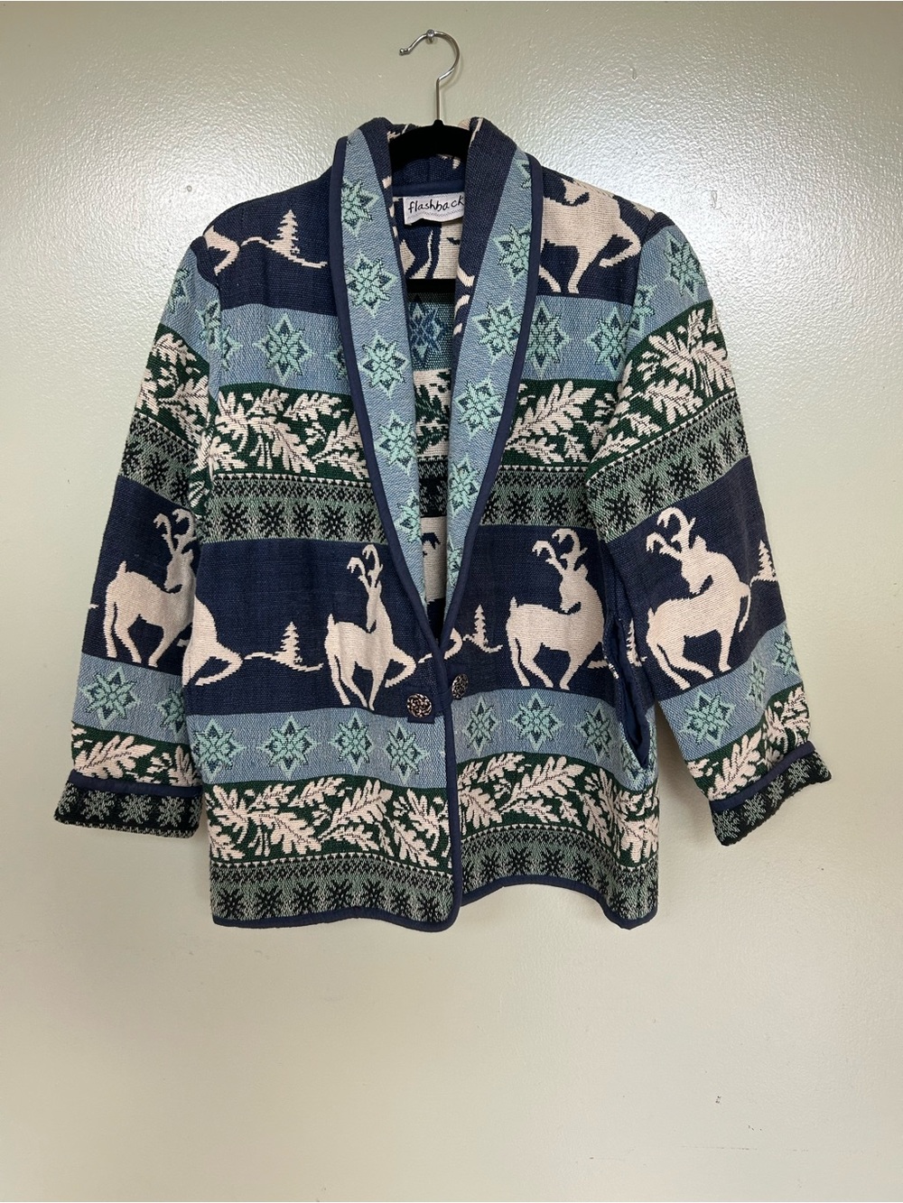 Flashback Women's Navy & Light Blue Reindeer Pattern Shawl Collar Jacket